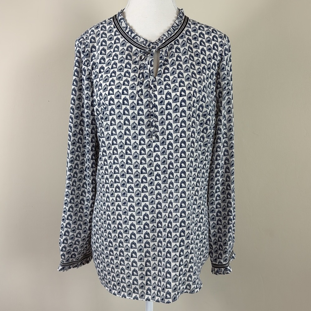 Talbots Navy and Cream Birdcage Ruffle Neckline Long sleeve Blouse Size Lp‎